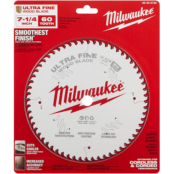48-40-0730 Milwaukee 7-1/4" 60T Ultra Fine Finish Circular Saw Blade
