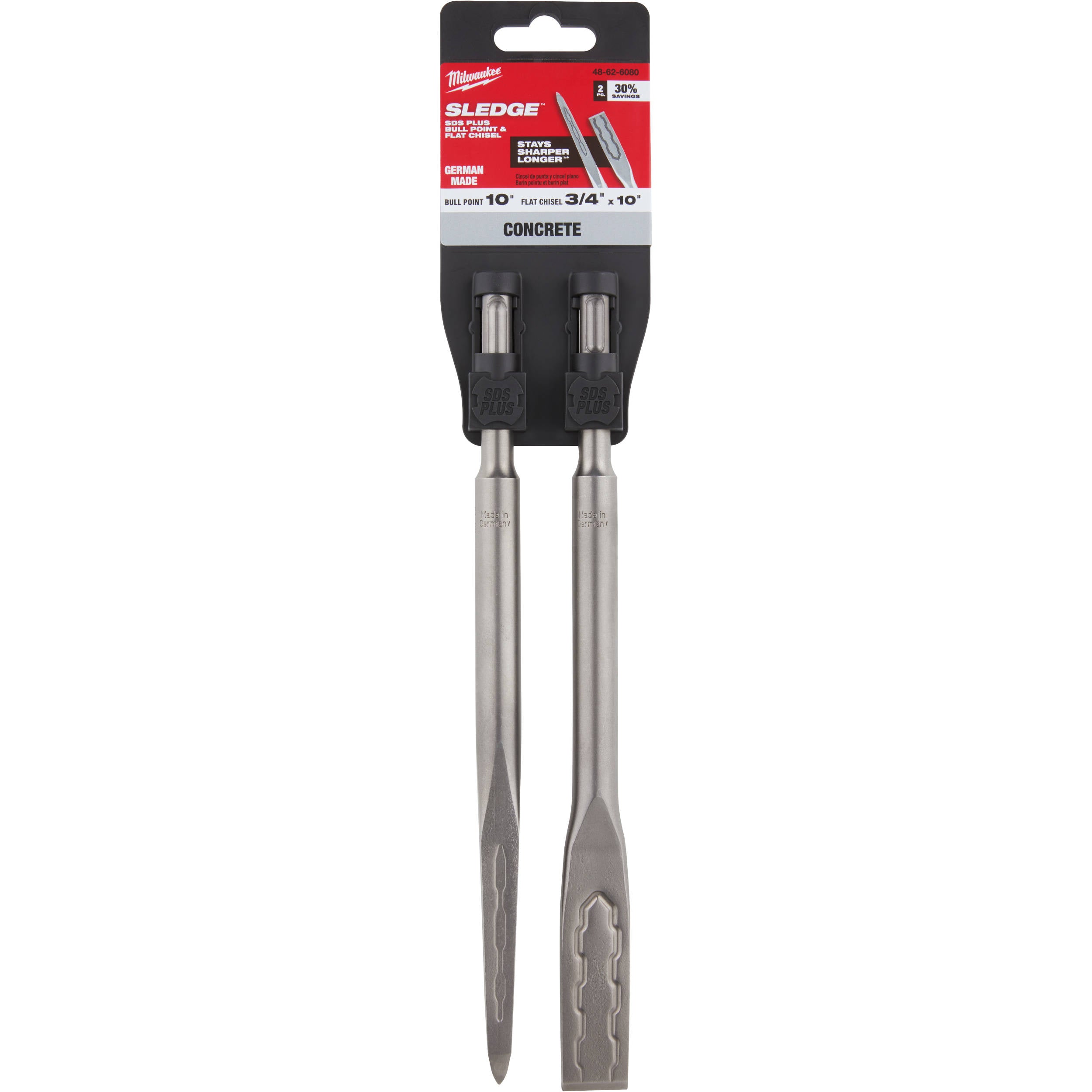 48-62-6080 Milwaukee SDS-PLUS SLEDGE Bull Point & Flat Chisel 2 Pack