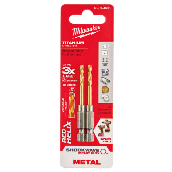 48-89-4605 Milwaukee SHOCKWAVE RED HELIX Titanium Drill Bits, 1/8"