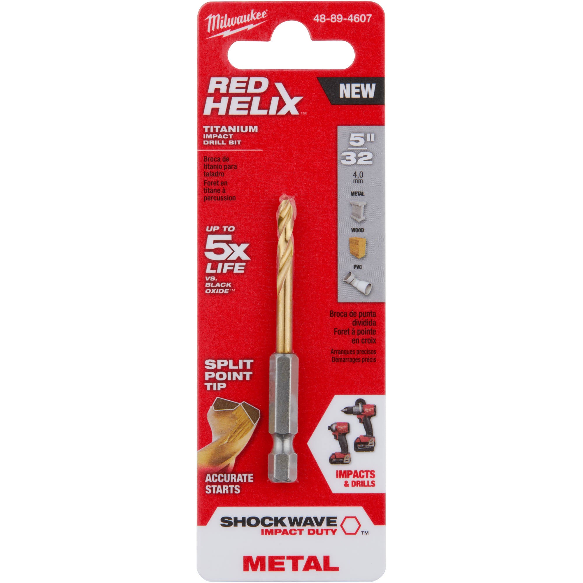 48-89-4607 Milwaukee SHOCKWAVE RED HELIX Titanium Drill Bit, 5/32"