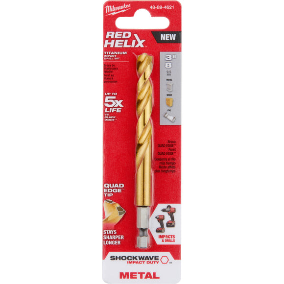 48-89-4621 Milwaukee SHOCKWAVE RED HELIX Titanium Drill Bit, 3/8"