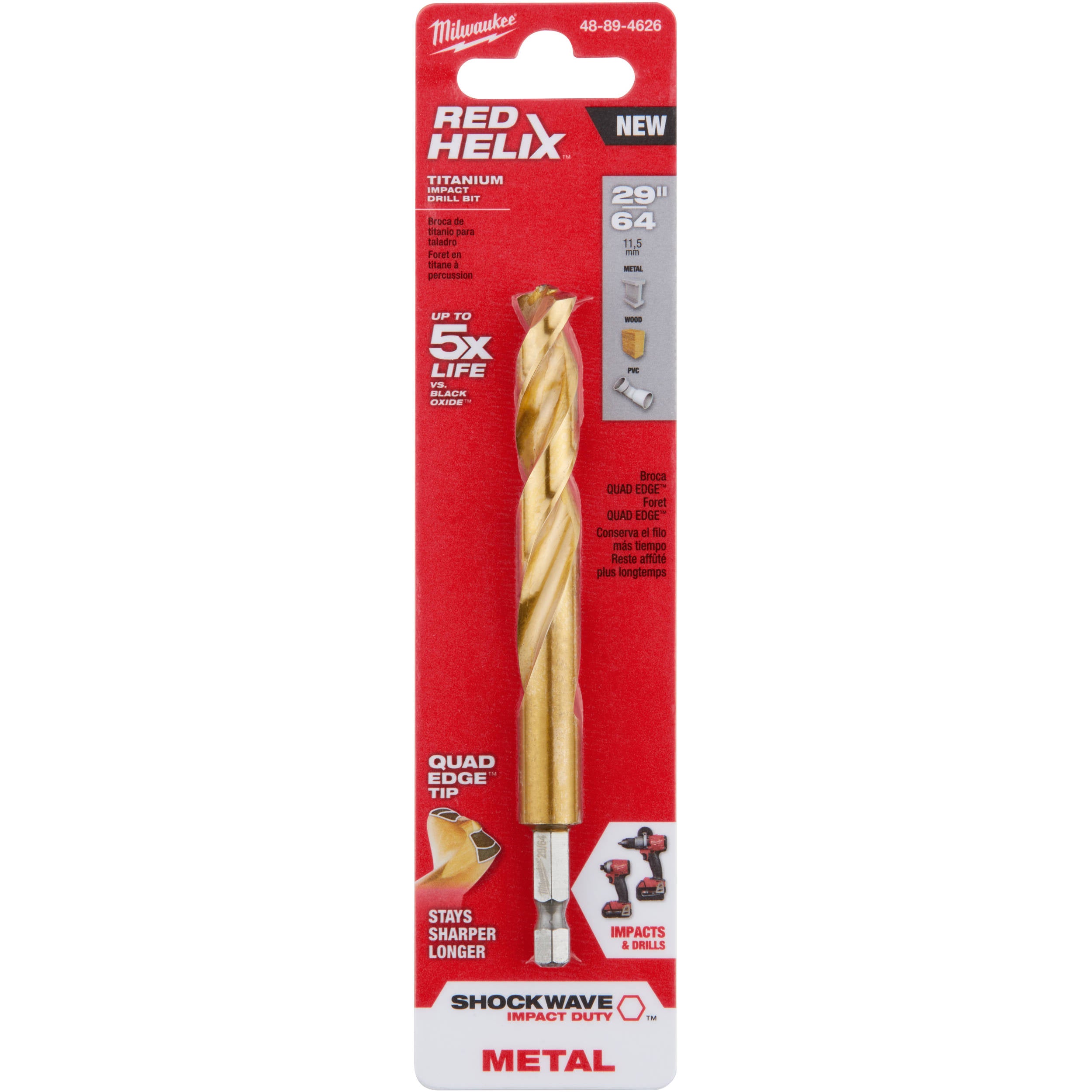 48-89-4626 Milwaukee SHOCKWAVE RED HELIX Titanium Drill Bit, 29/64"