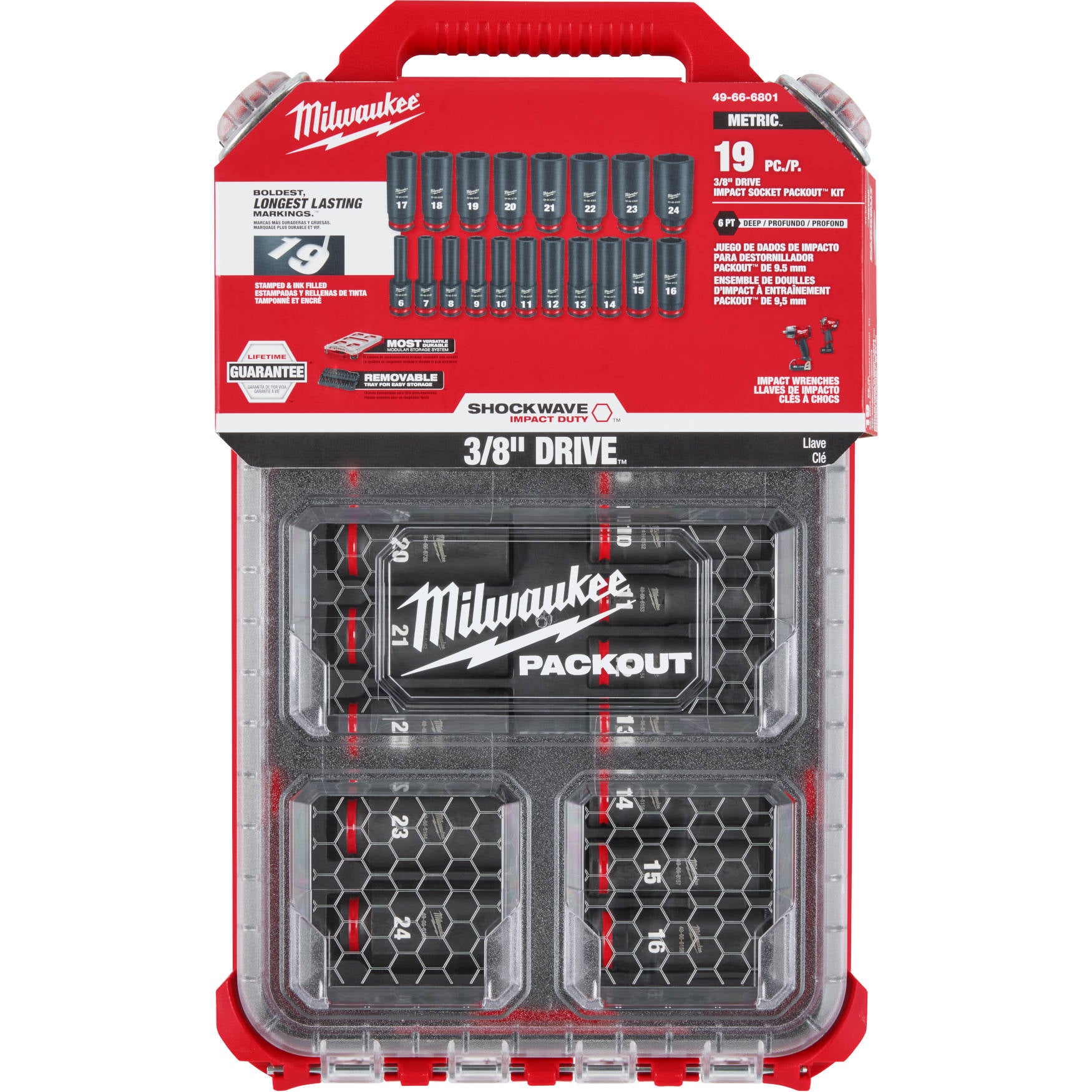 49-66-6801 Milwaukee SHOCKWAVE 3/8" Drive PACKOUT 19 Piece Metric Socket Set