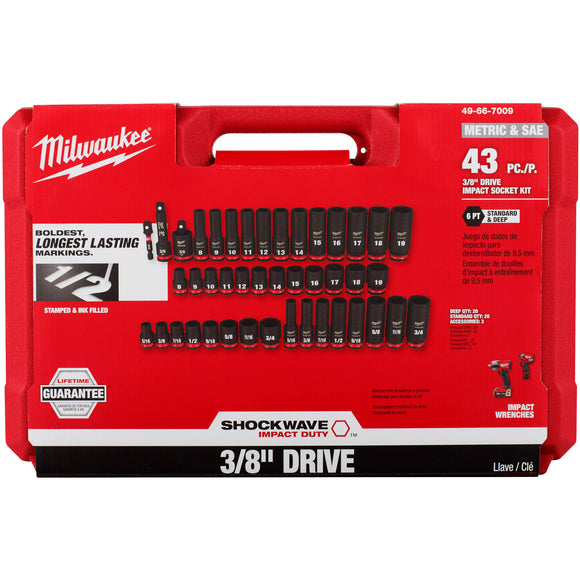 49-66-7009 Milwaukee 43 Piece SHOCKWAVE 3/8" Drive SAE & Metric Deep Socket Set