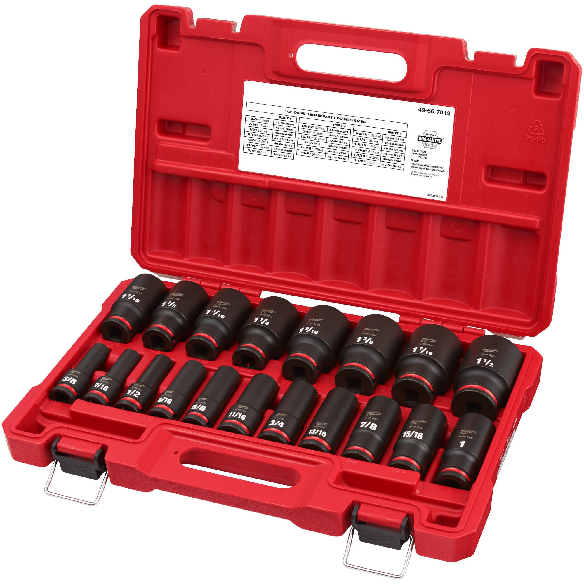 49-66-7012 Milwaukee 19PC SHOCKWAVE 1/2" Drive SAE Deep 6 Point Socket Set