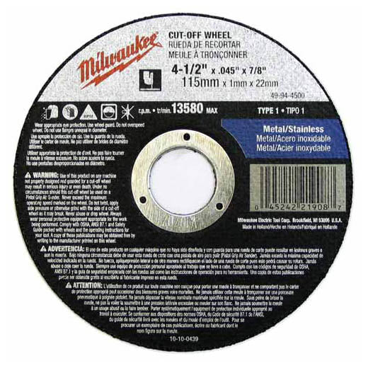 49-94-4500 Milwaukee 4.5" x 0.045 x 7/8" Cut-Off Wheel (Type 1)