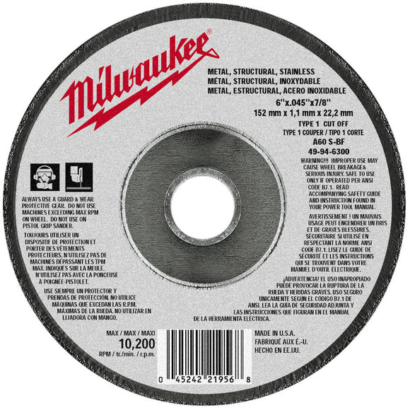 49-94-6300 Milwaukee Type 1 Cutting Wheel, 6" x 0.045" x 7/8"