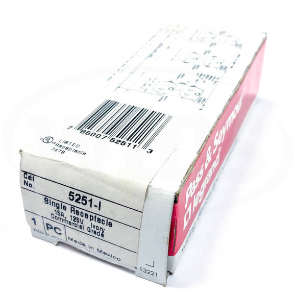 5251-I Pass & Seymour Single Receptacle, 15A, 125V, Commercial Grade, Ivory