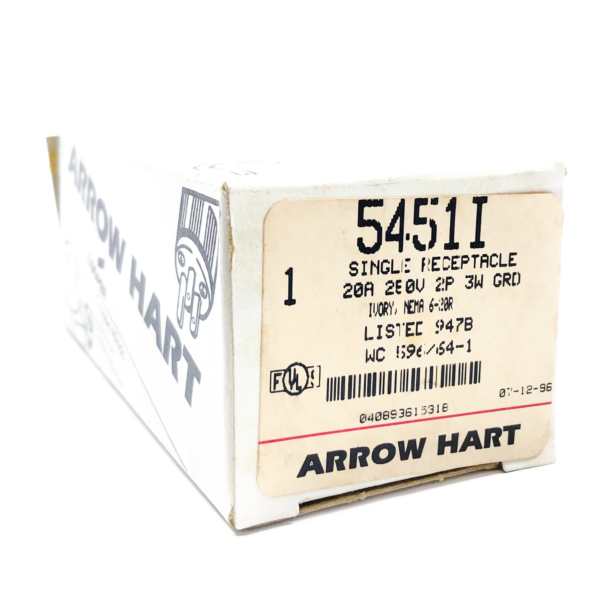 5451I Arrow Hart/Cooper Industries Single Receptale, 20A, 250V, 2P, 3W, Ivory