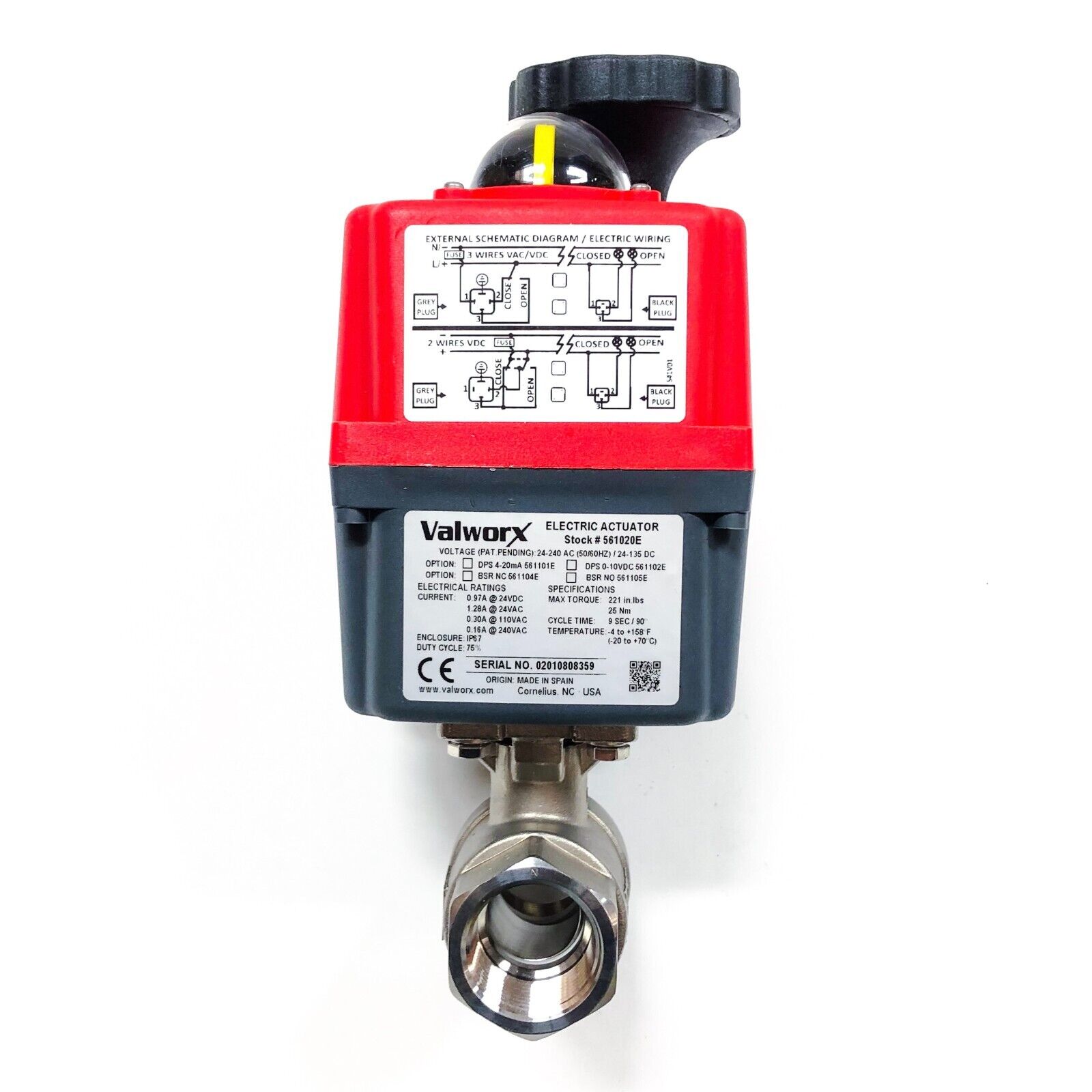 560208F Valworx 1" Electric Actuated Stainless Ball Valve, 24-240V