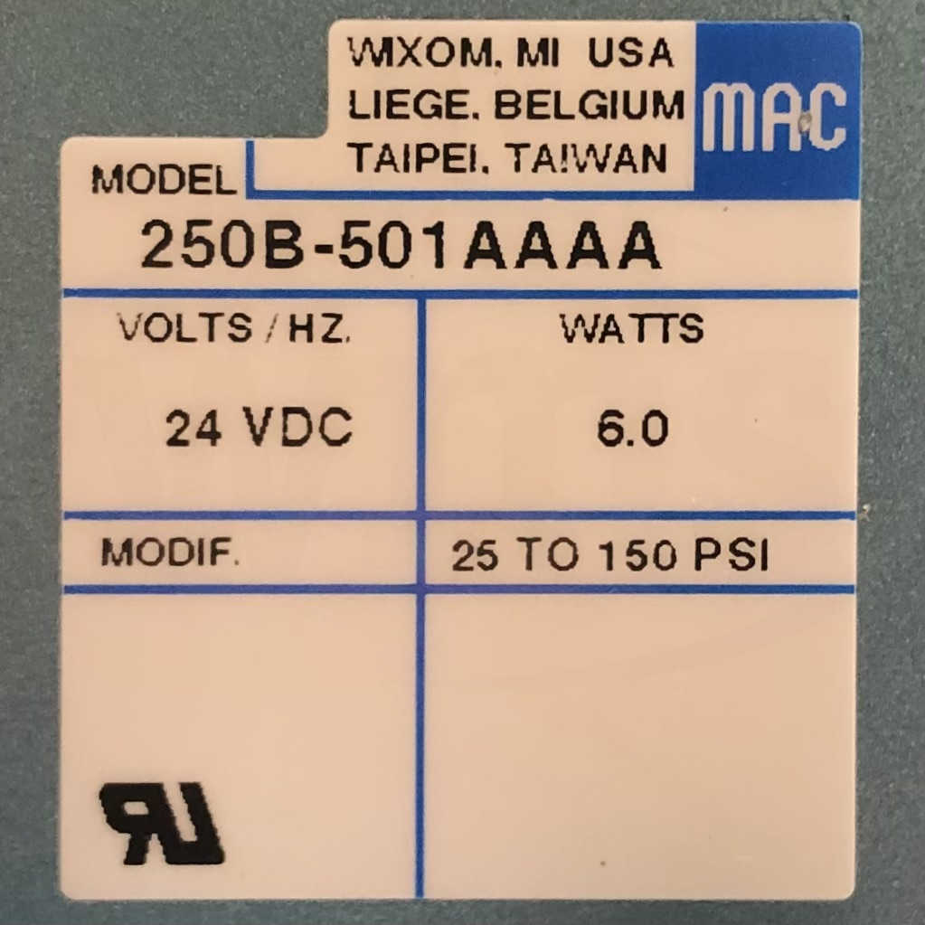 58D-73-501AA Mac Solenoid Valve, 24VDC, 6.0 Watts, 25 To 150 Psi, 250B-501AAAA
