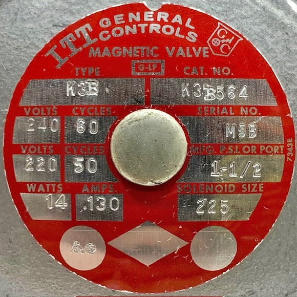 K3B564 ITT General Controls Magnetic Valve, 240V, 14 Watt, 130 Amp, 1" NPT