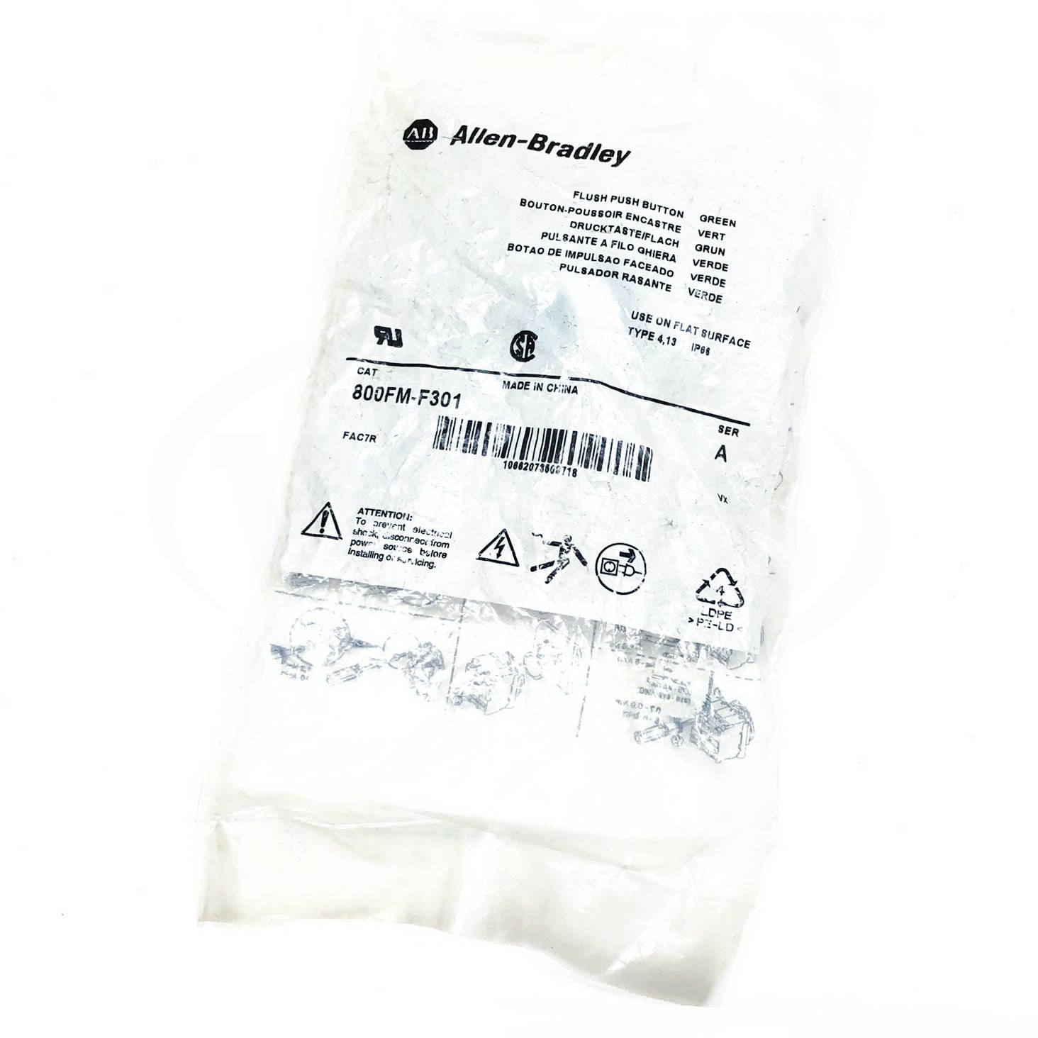 800FM-F301 Allen-Bradley Flush Push Button, Green "START"
