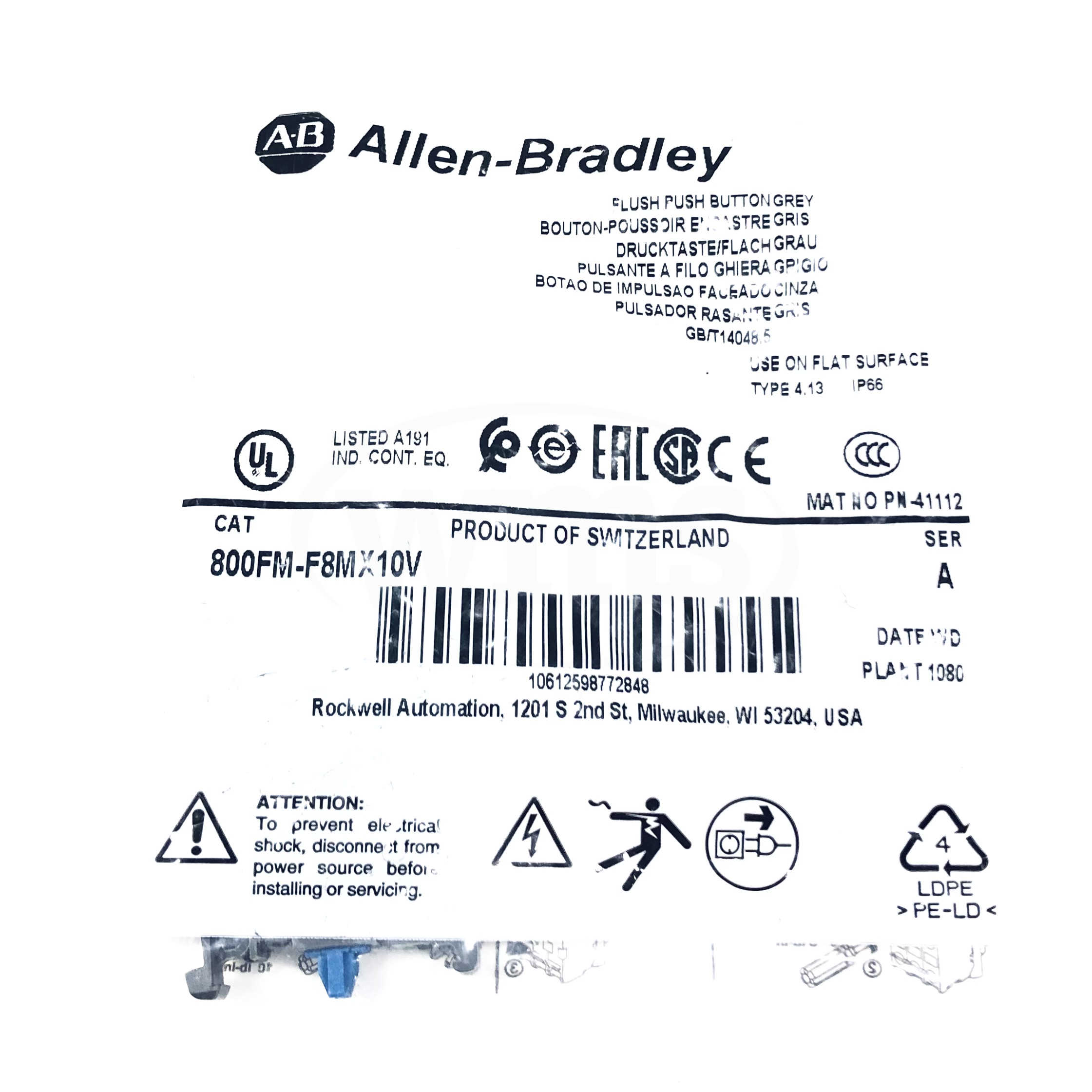 800FM-F8MX10V Allen-Bradley Flush Push-Button, Grey