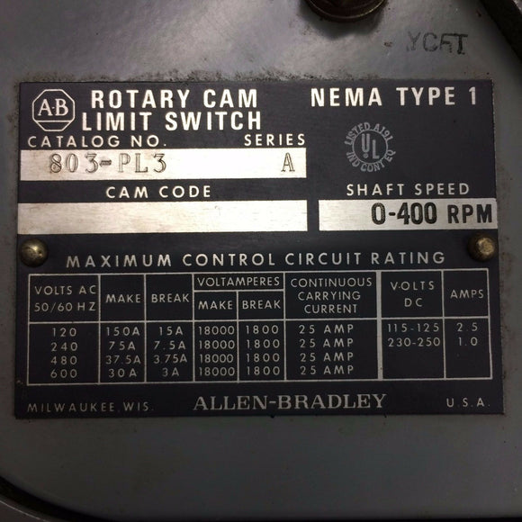 803-PL3 Allen-Bradley  Rotating Cam Limit Switch