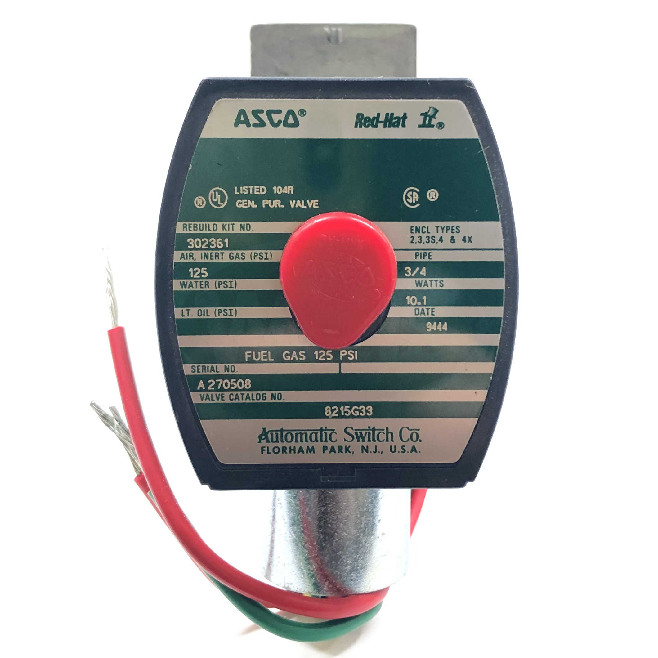 8215G33 Asco Red-Hat Solenoid Air Valve, 3/4" 10.1 Watts, 120VAC, 50/60Hz