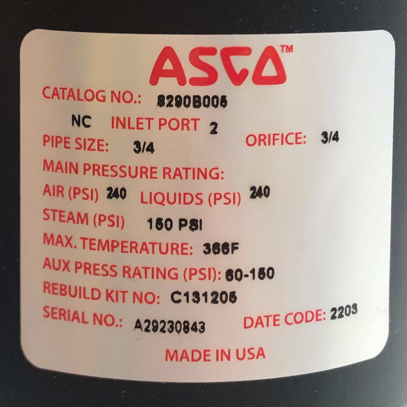8290B005 Asco Solenoid Valve A29230843