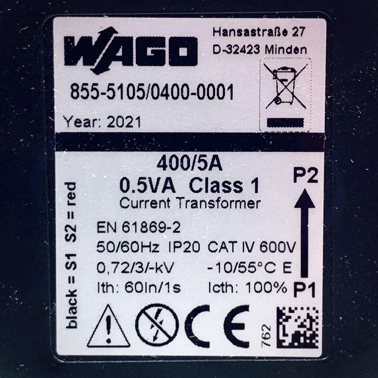 855-5105/0400-0001 Wago Transformer 400 A Current Sense 50Hz-60Hz - 0