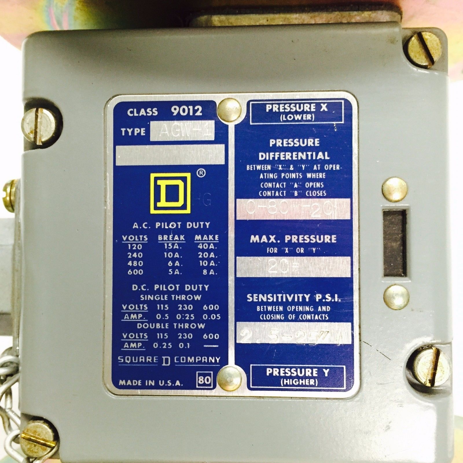 9012AGW1 Square-D Pressure Switch