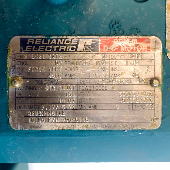 980-6106 Reliance 30 HP RPM III DC Motor 1750/1950RPM w/ TGF 2100-00A Tachometer