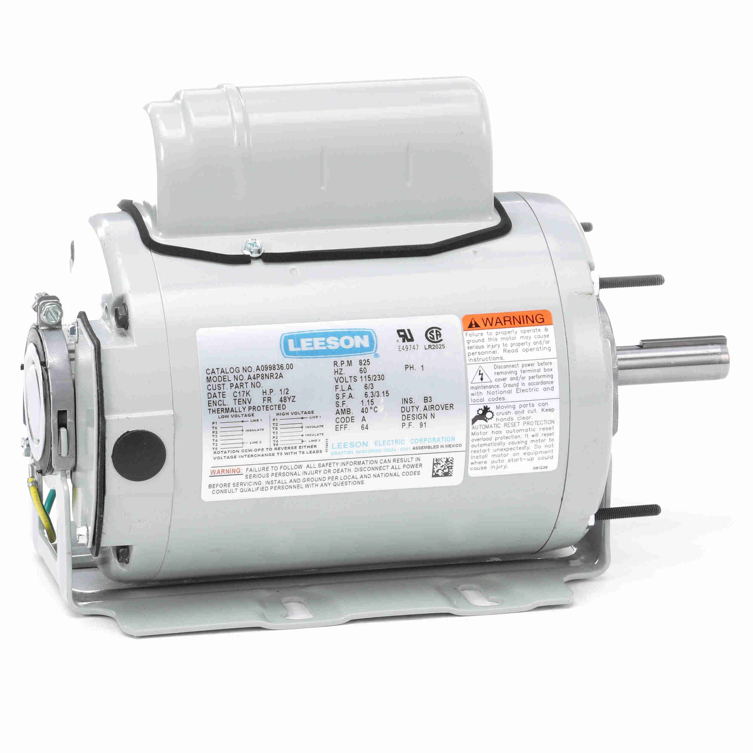 A099836.00 Leeson 1/2HP 2-Winding Agricultural Fan Duty Electric Motor, 850RPM