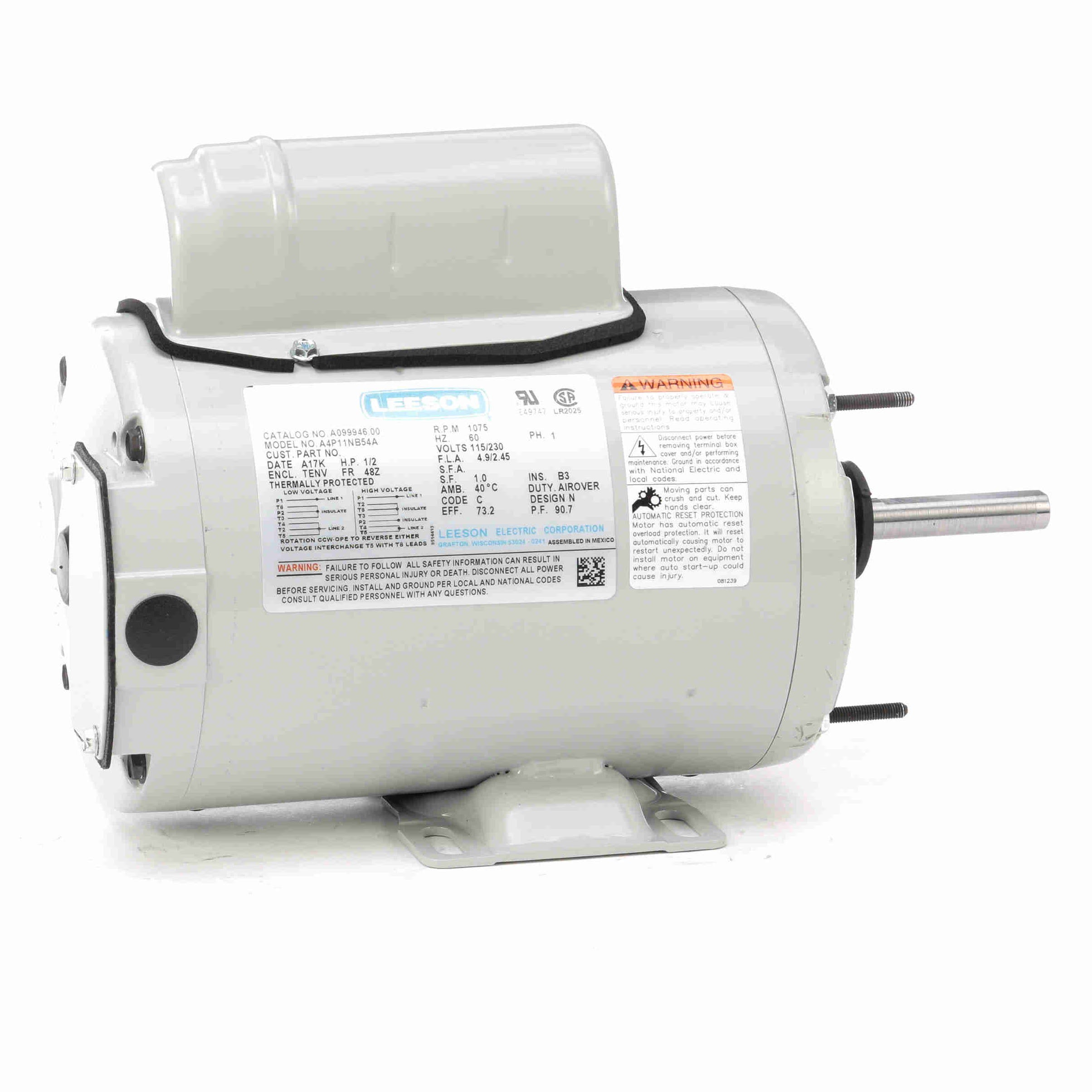 A099946.00 Leeson 1/2HP 2-Winding Agricultural Fan Duty Electric Motor, 1075RPM