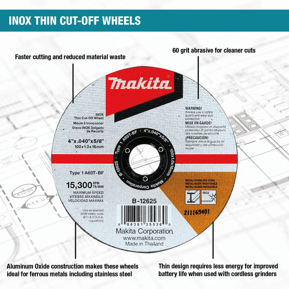 B-12669-10 Makita 7" x 1/16" x 7/8" INOX Thin Cut-Off Wheel, 60 Grit, 10 Pack
