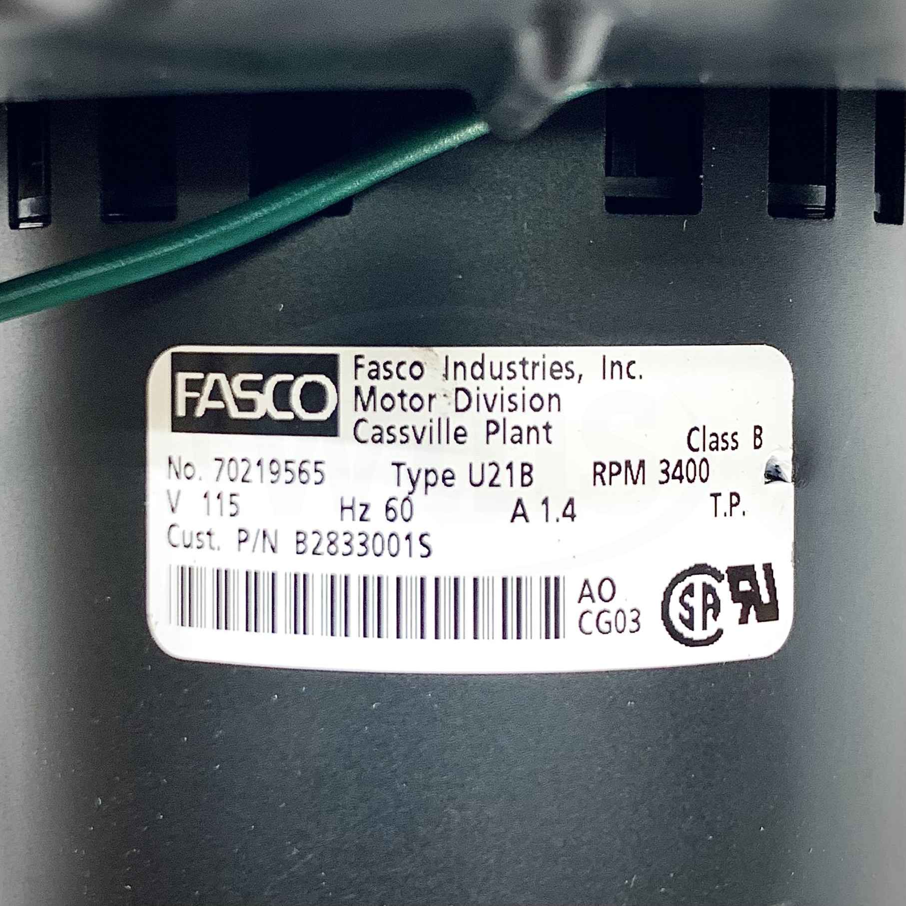 B2833001S Fasco Draft Inducer Motor, 115V, Type U21B, RPM 3400, 60Hz, Class B