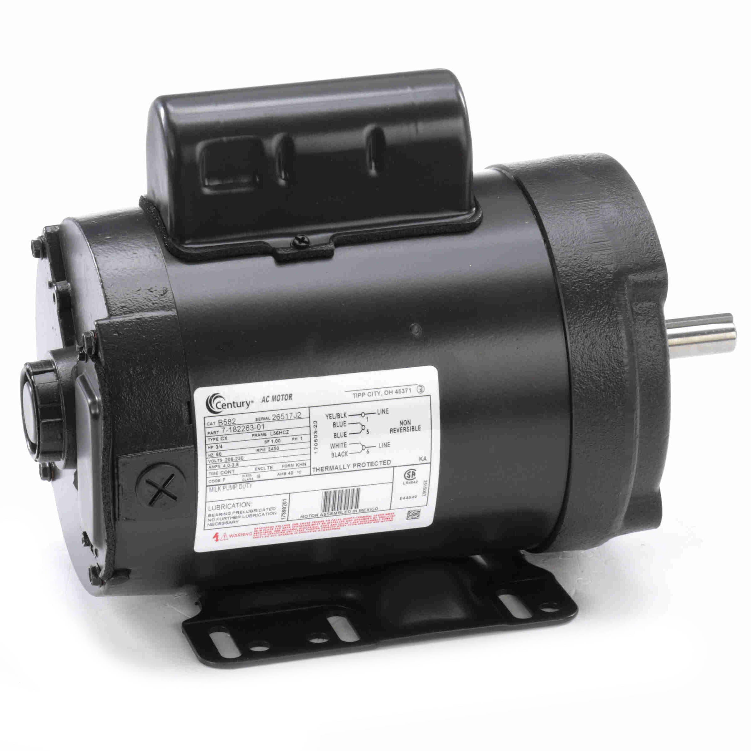 B582 Century 3/4HP Milk Pump Electric Motor, 3450 RPM