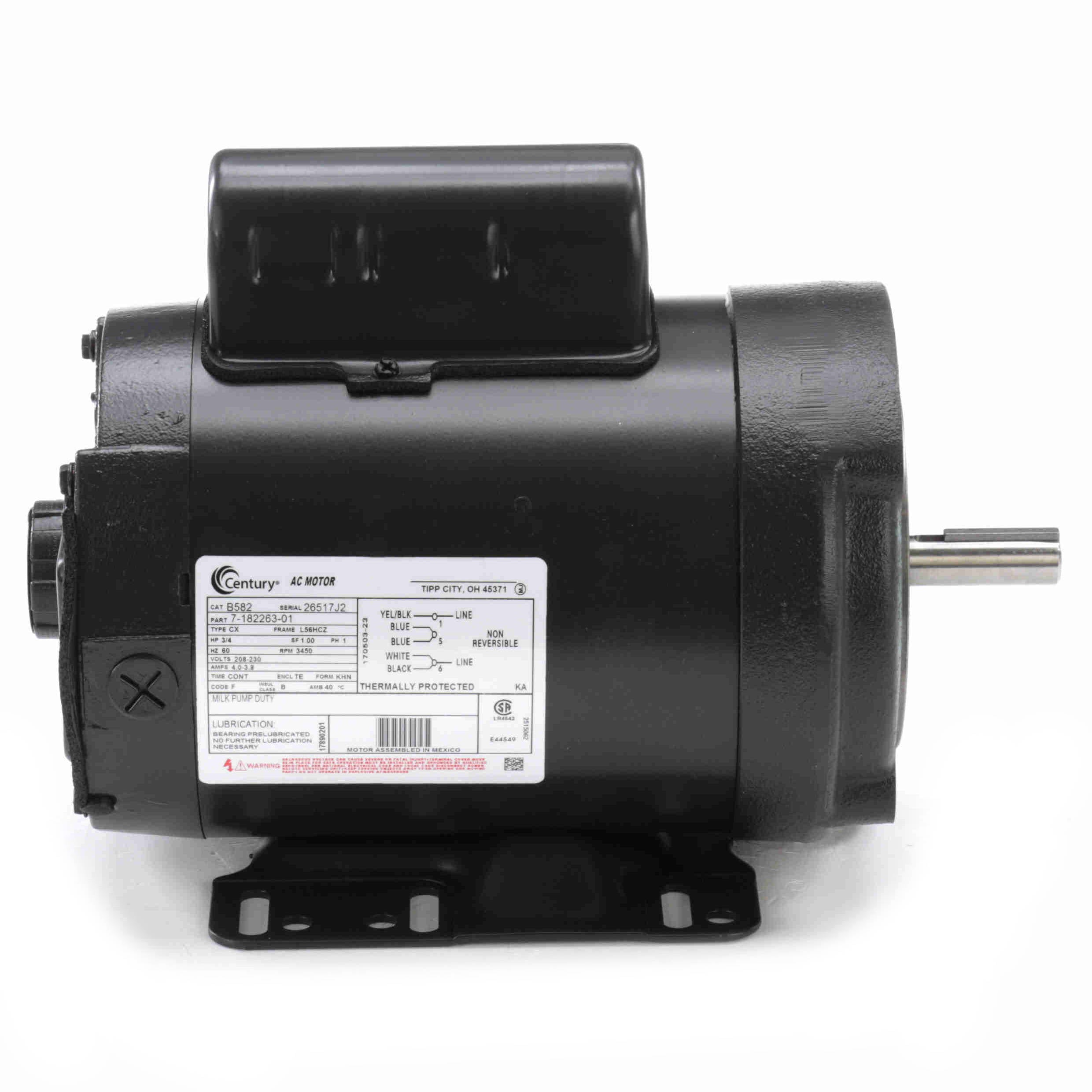 B582 Century 3/4HP Milk Pump Electric Motor, 3450 RPM