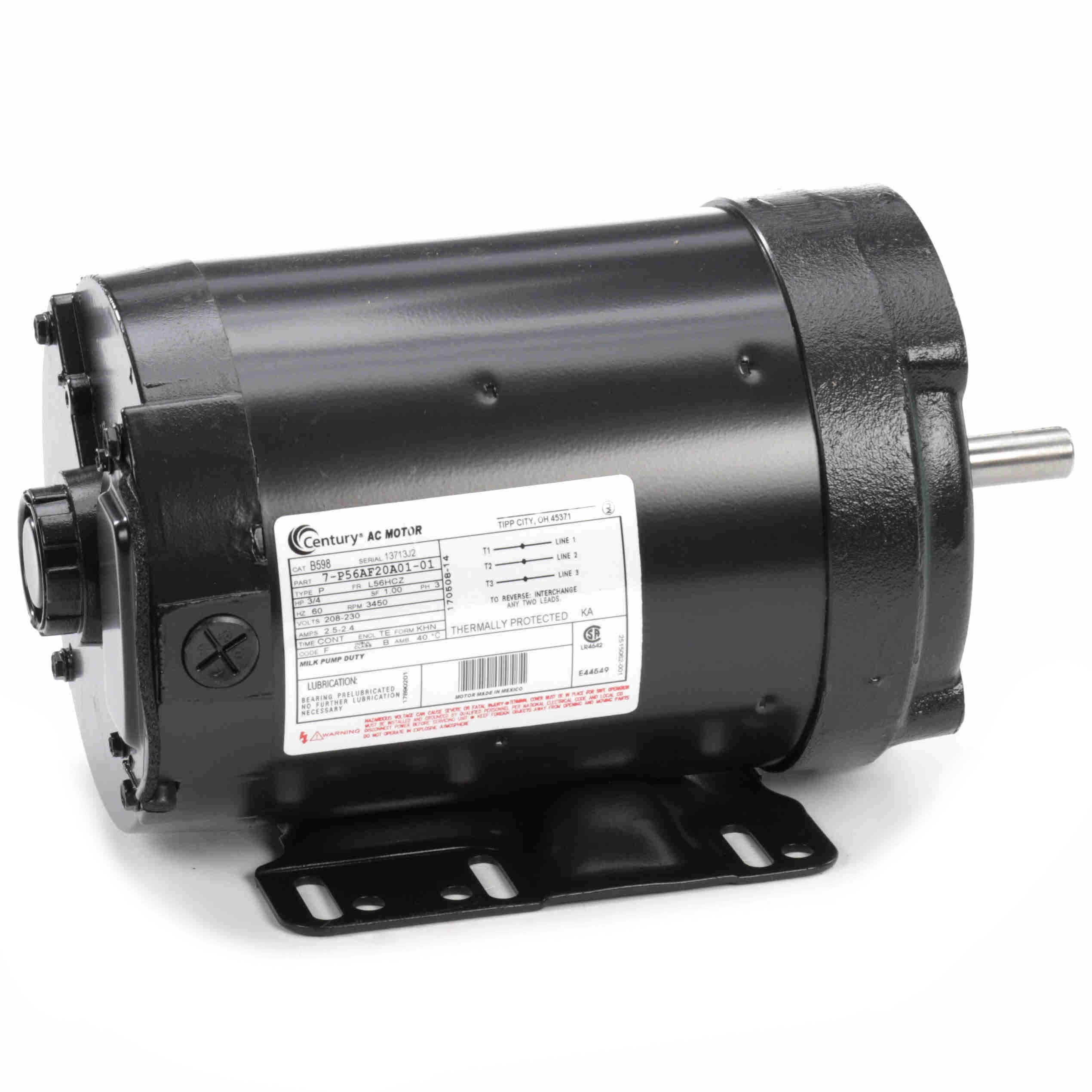 B598 Century 3/4HP Milk Pump Duty Electric Motor, 3600RPM - 0