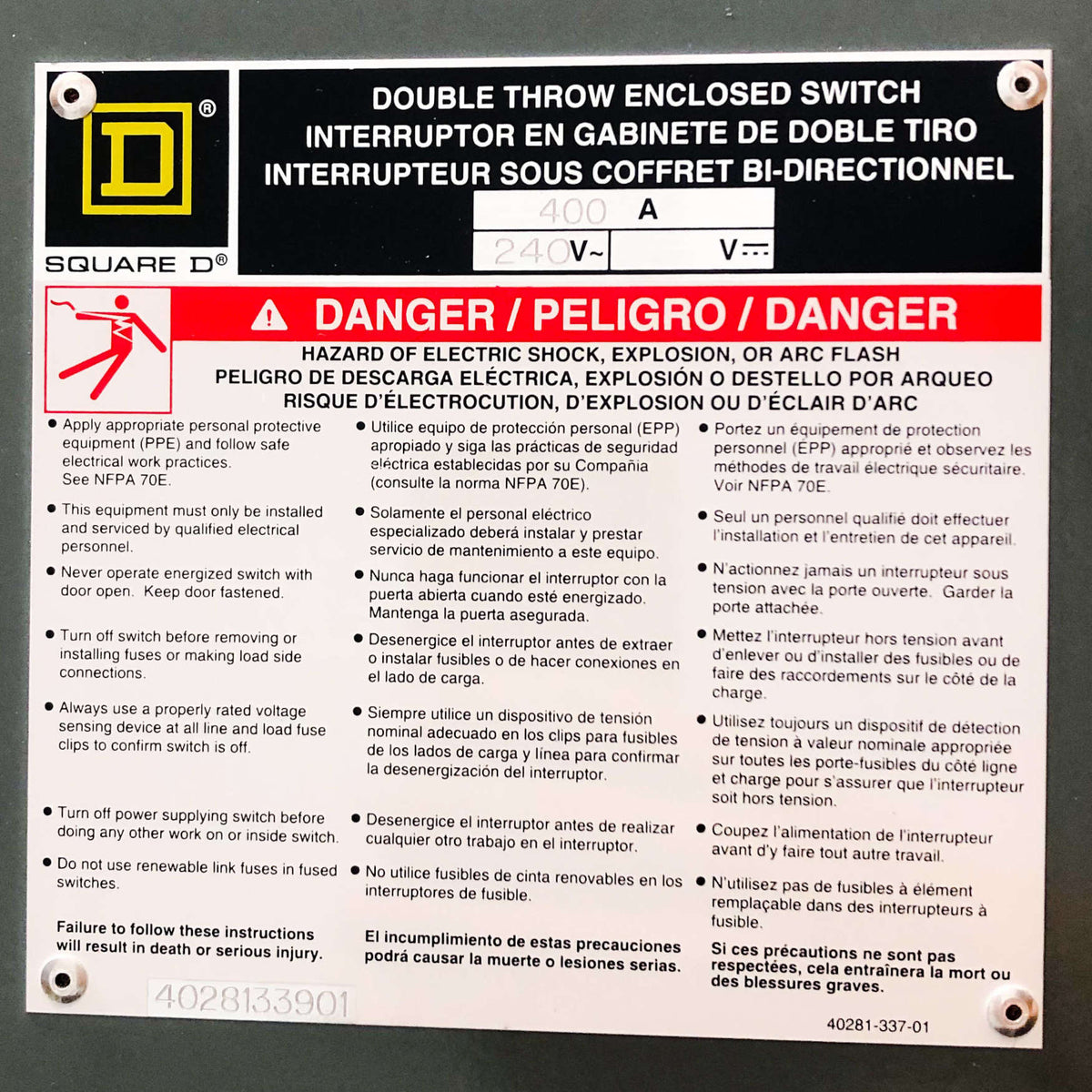 82355R Square D Double Throw Safety Switch, 400 Amps, 240VAC, 3 Poles ...