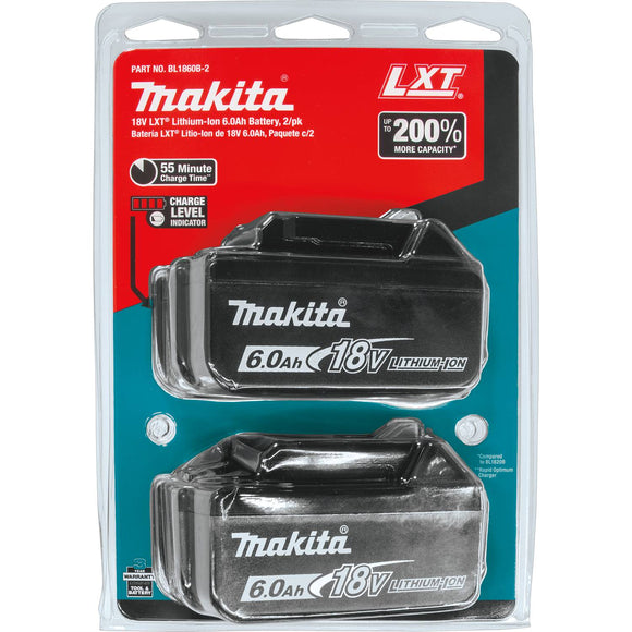 BL1860B-2 Makita 18V LXT Lithium-Ion 6.0Ah Battery, 2 Pack