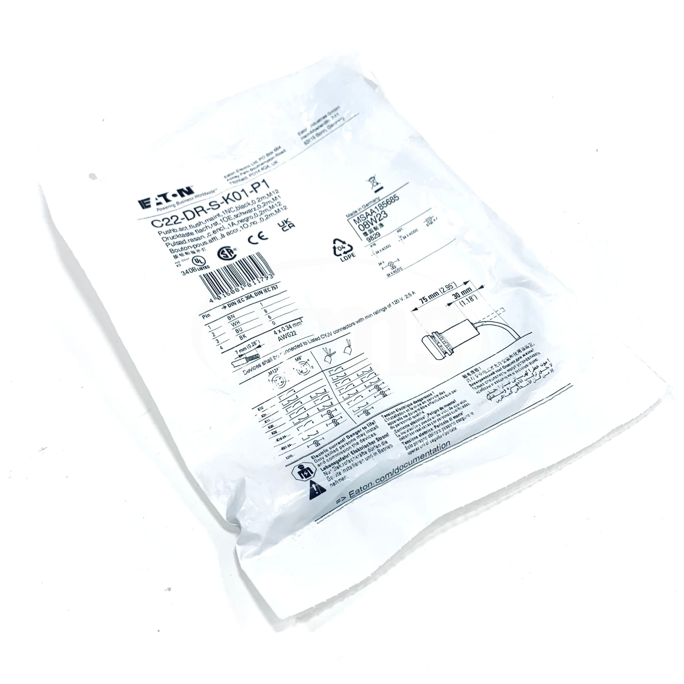 C22-DR-S-K01-P1 Eaton Pushbutton 4-Pole Wire, 1NC,IP65, IP67, IP69K