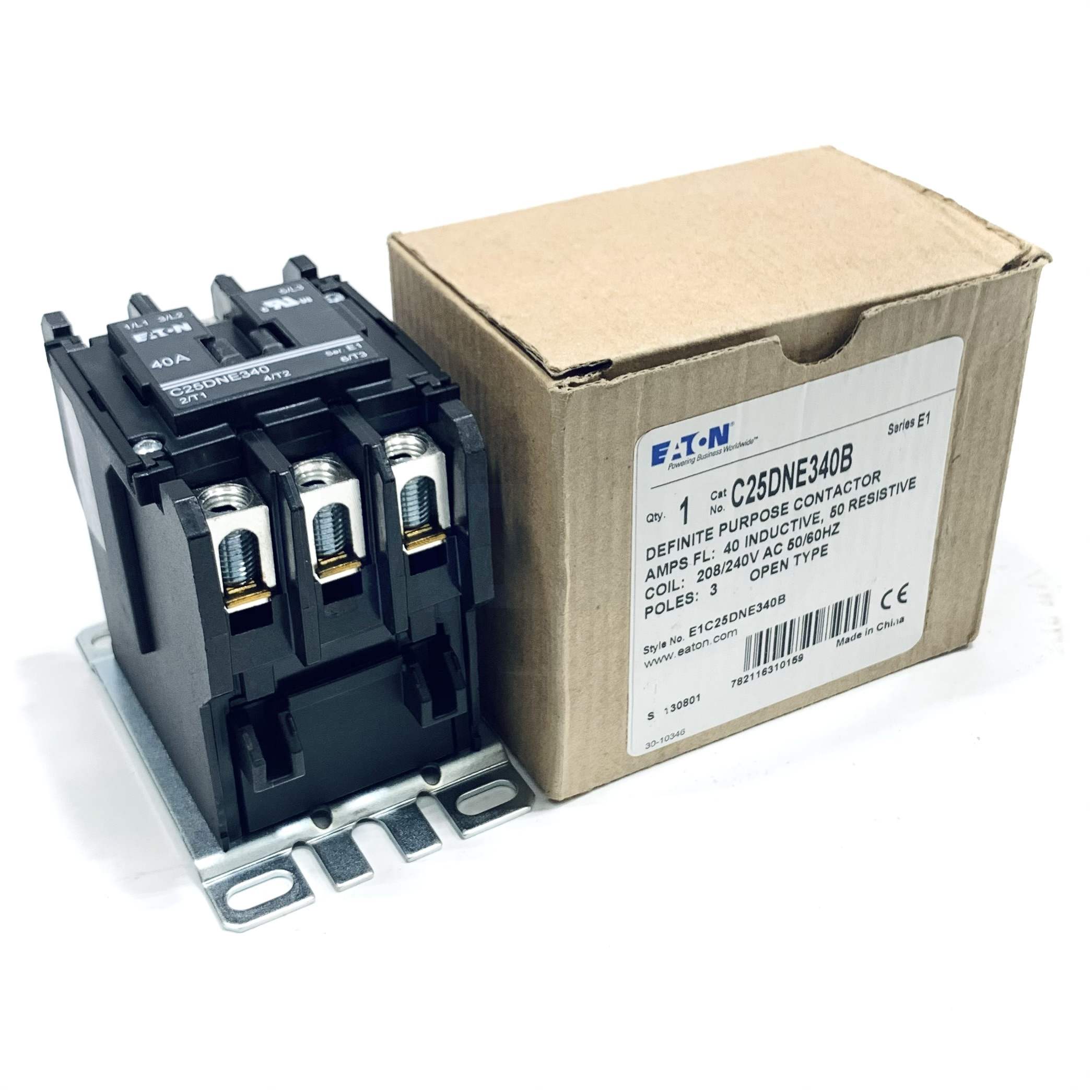 C25DNE340B Eaton Definite Purpose Contactor, 208V/50 Hz, 240V/60 Hz,