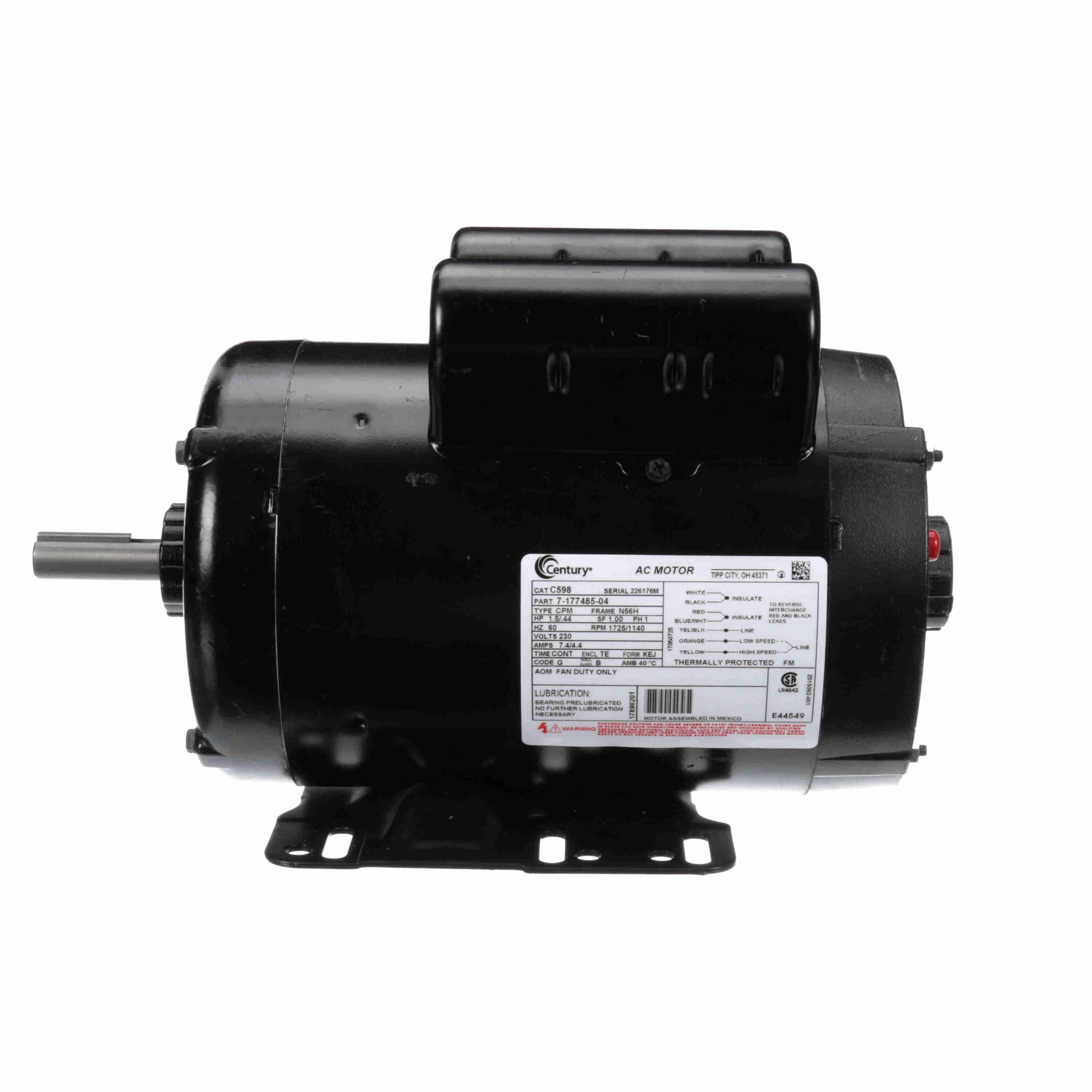C598 Century 1.5/0.44HP Cow Cooleer Electric Motor, 1725/1140RPM - 0