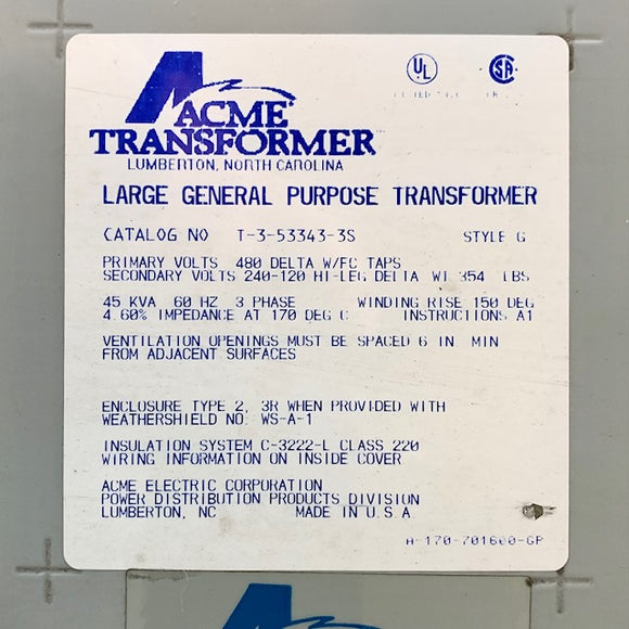 T-3-53343-3S Acme 45kVA 3Ph 480V-240V/120V Transformer