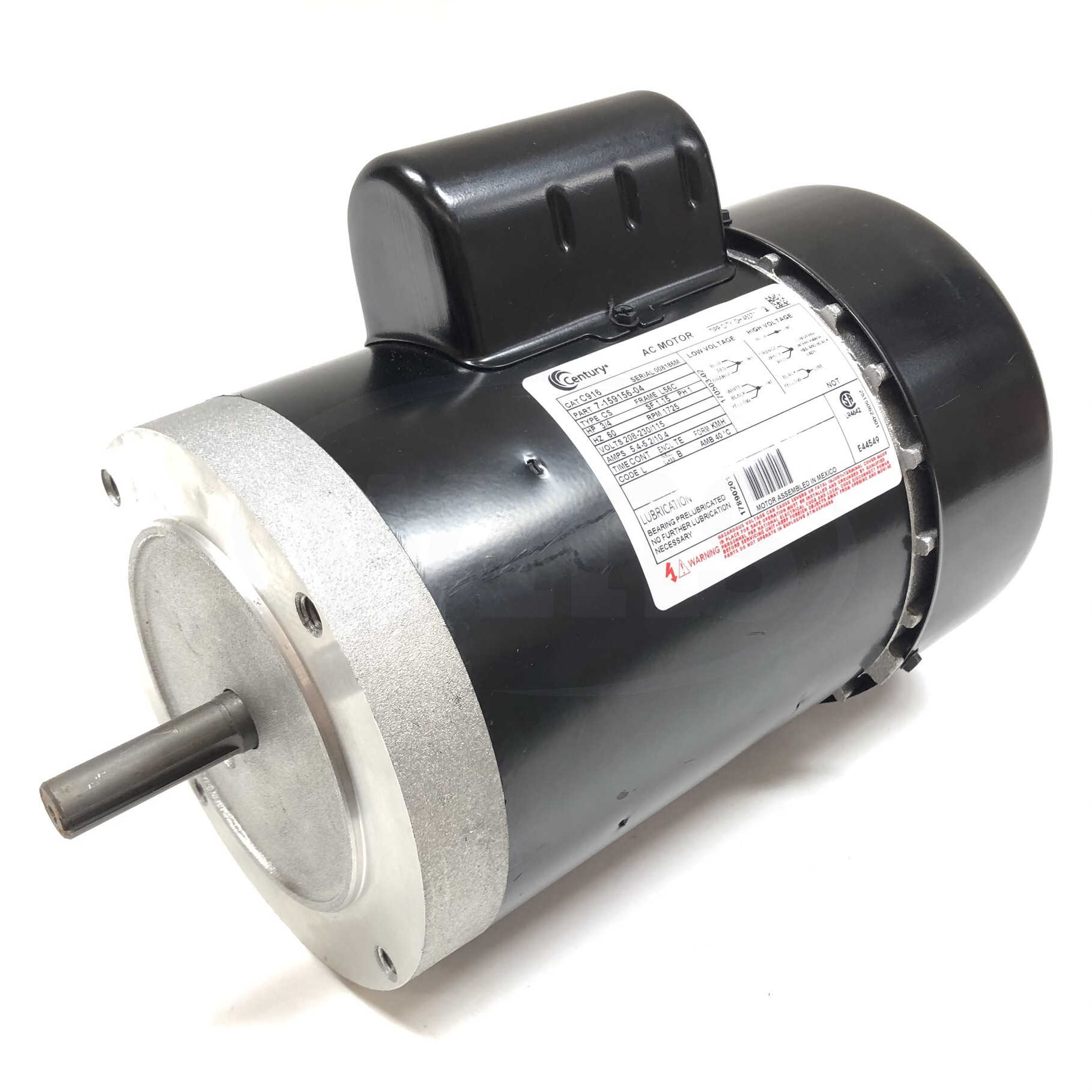 C916 Century 3/4 Hp, 208-230/115V, 5.4-5.2/10.4 A, 1725 RPM, 60Hz, Motor