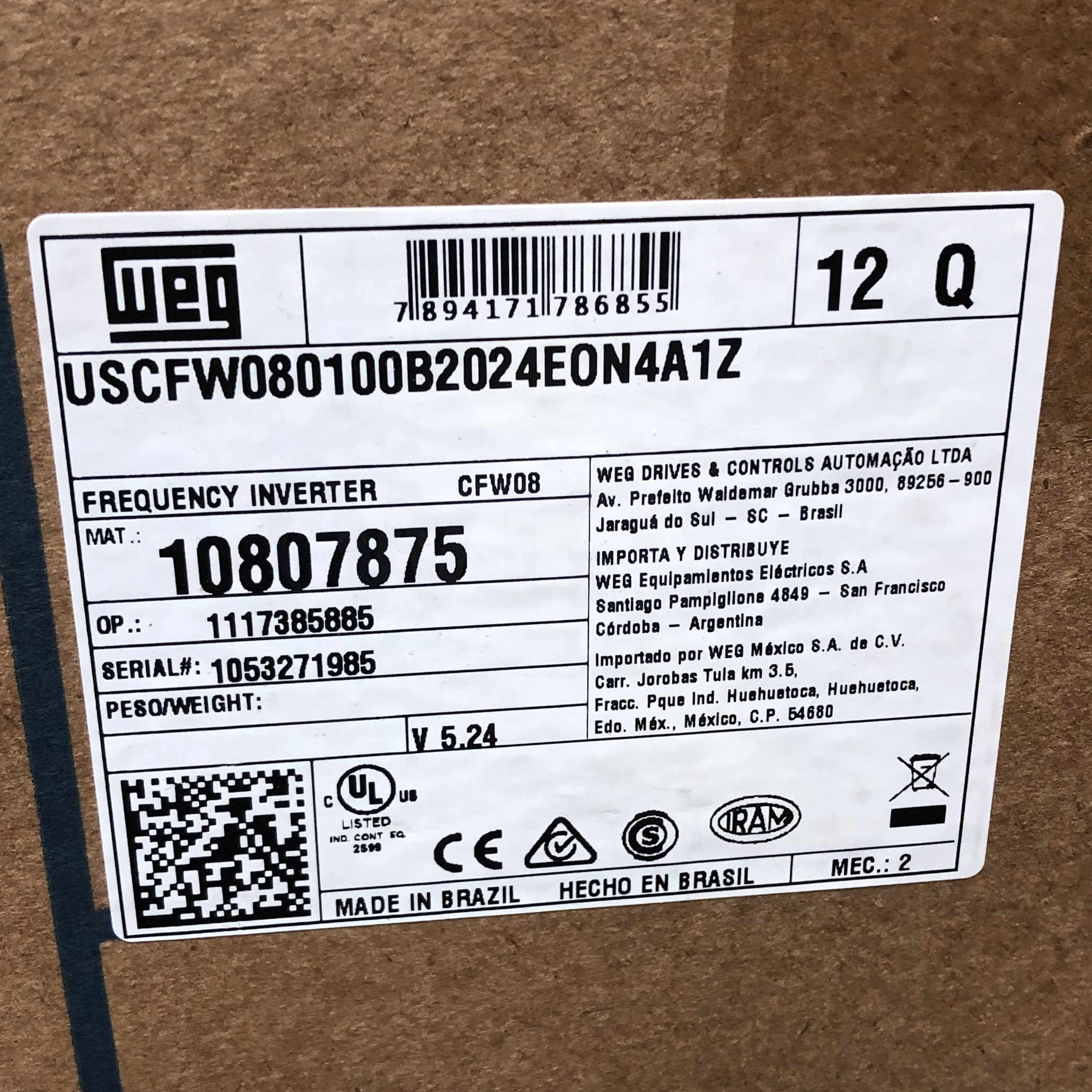 WEG CFW08 Variable Frequency Drive, 230 VAC, 10 Amps