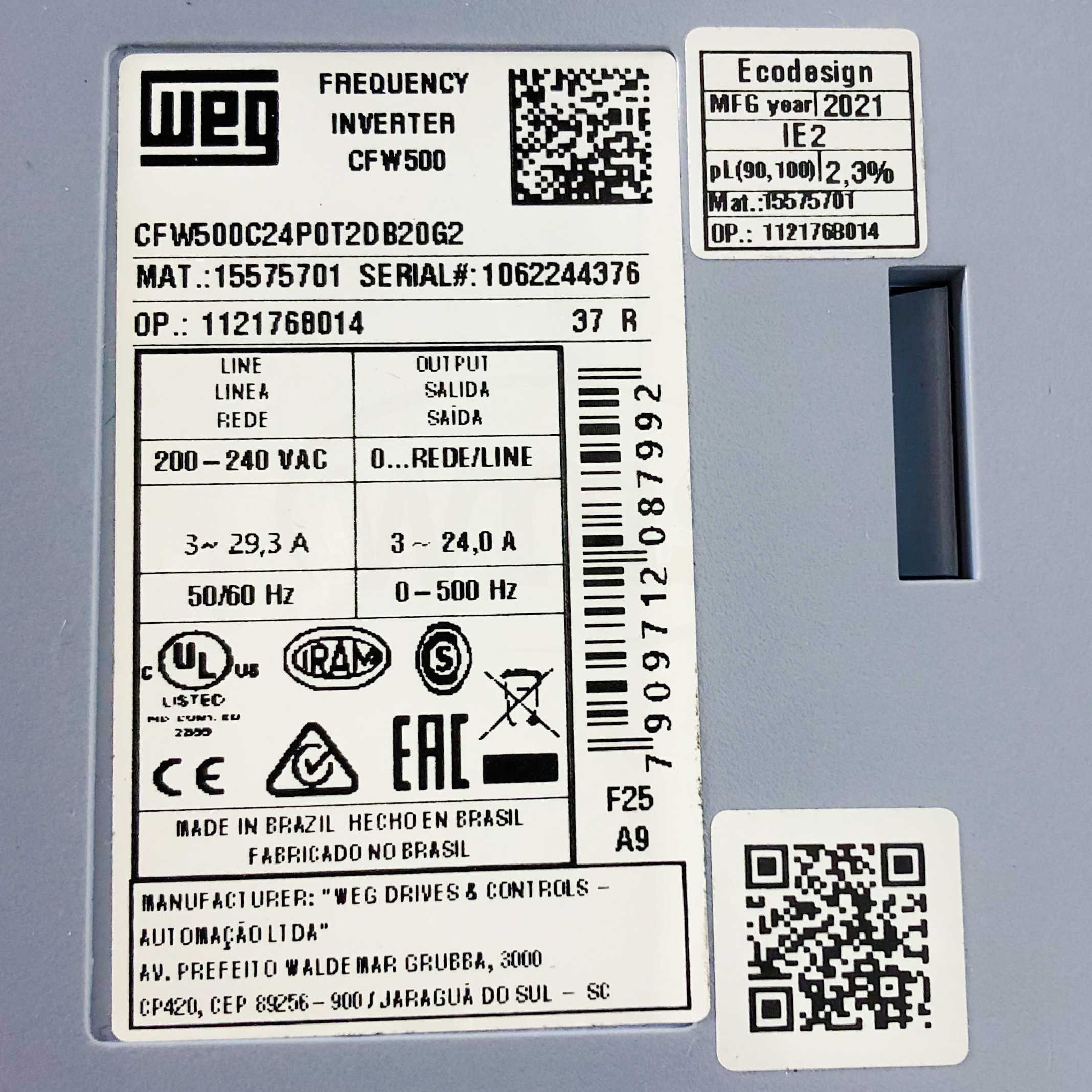CFW500C24P0T2DB20G2 WEG 7.5HP Variable Speed Drive, 200-240VAC 3 Phase