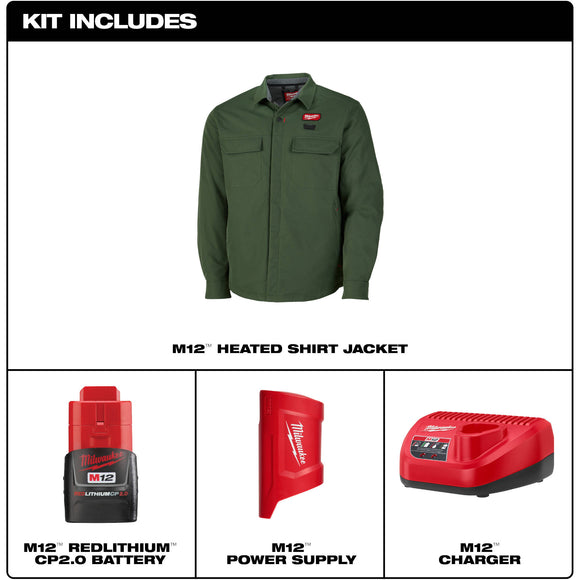 M103E-21S Milwaukee M12 Heated Shirt Jacket Kit, Green, Small