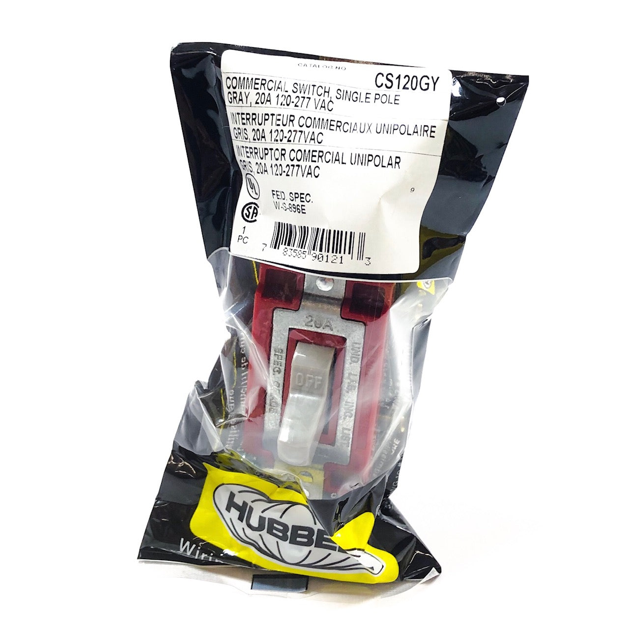 CS120GY Hubbell Commercial Toggle Switch, Single Pole, 20 A, 120-277 VAC