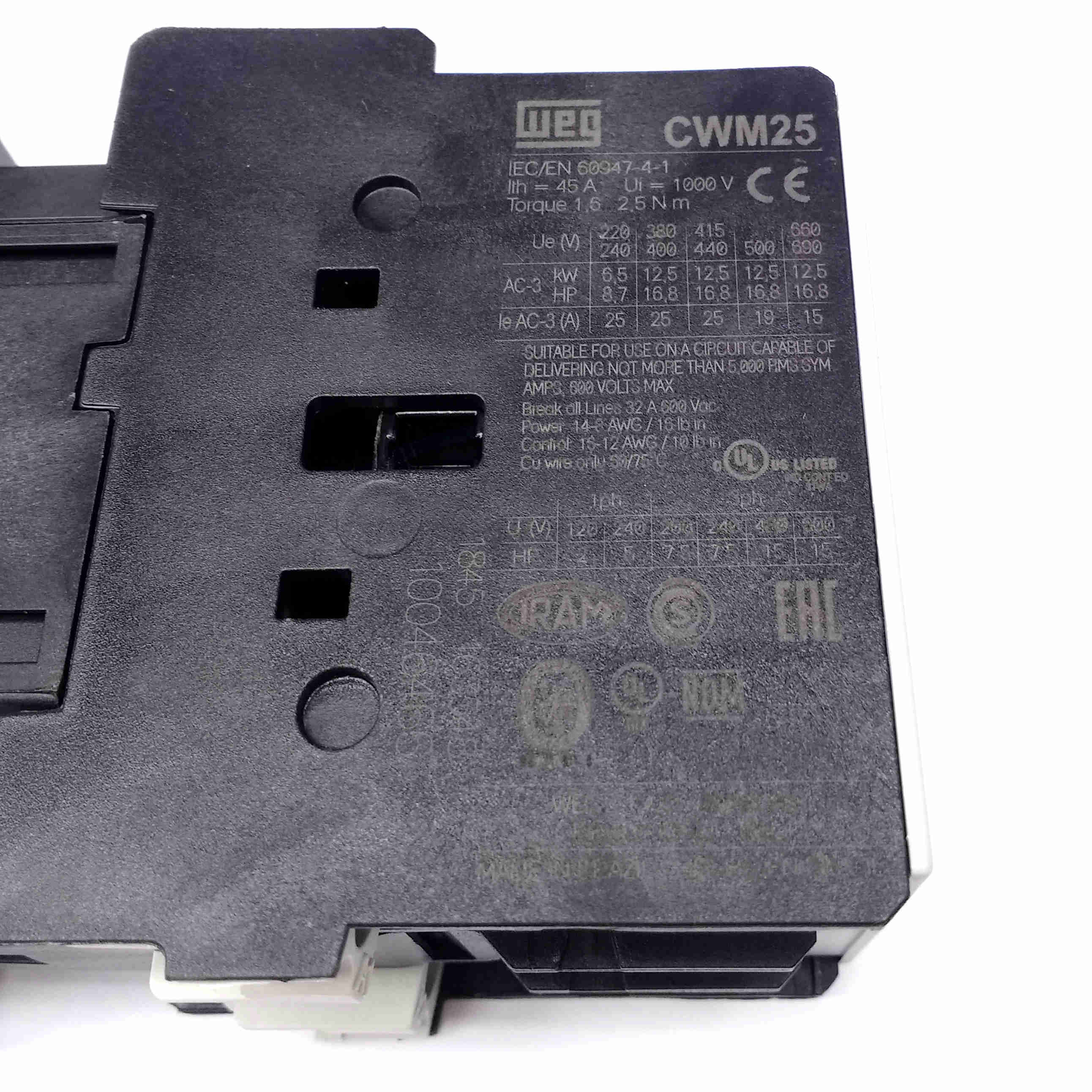 CWM25-00-30V04 WEG IEC Contactor, 25 Amp, 3 NO Power Poles - 0