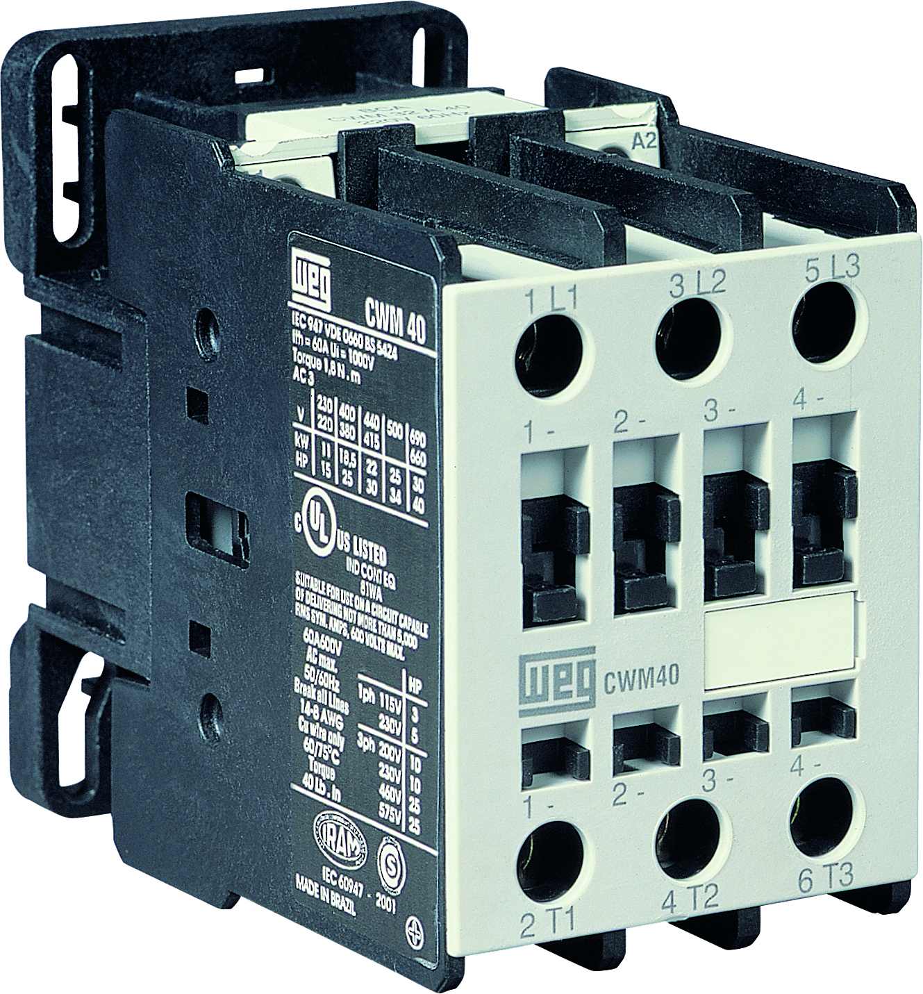 CWM40-00-30V47 WEG IEC Contactor, 40 Amp, 3 NO Power Poles