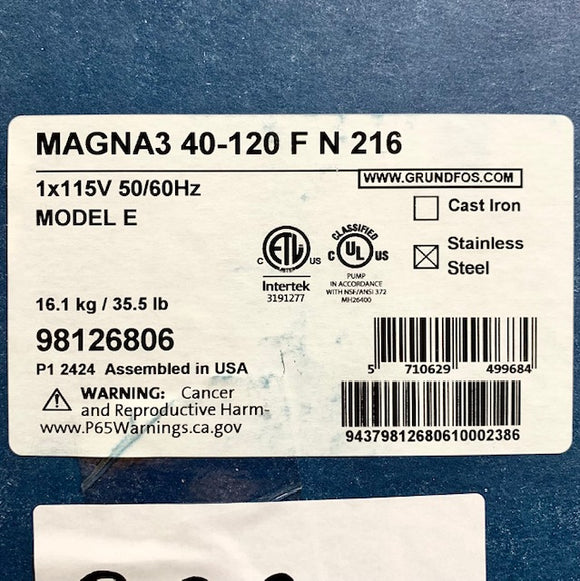 98126806 Grundfos MAGNA3 1/2 HP, 115 V High Efficiency Circulator Pump