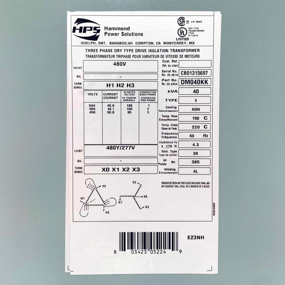 DM040KK Hammond Power Solutions Transformer, 3PH 40kVA 480D-480Y AL
