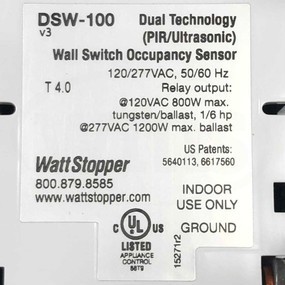DSW-100-W WattStopper Dual Technology Wall Switch Sensor Single Relay, 120/277V