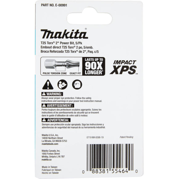 E-00991 Makita Impact XPS® T25 Torx 2" Power Bit, 5 Pack