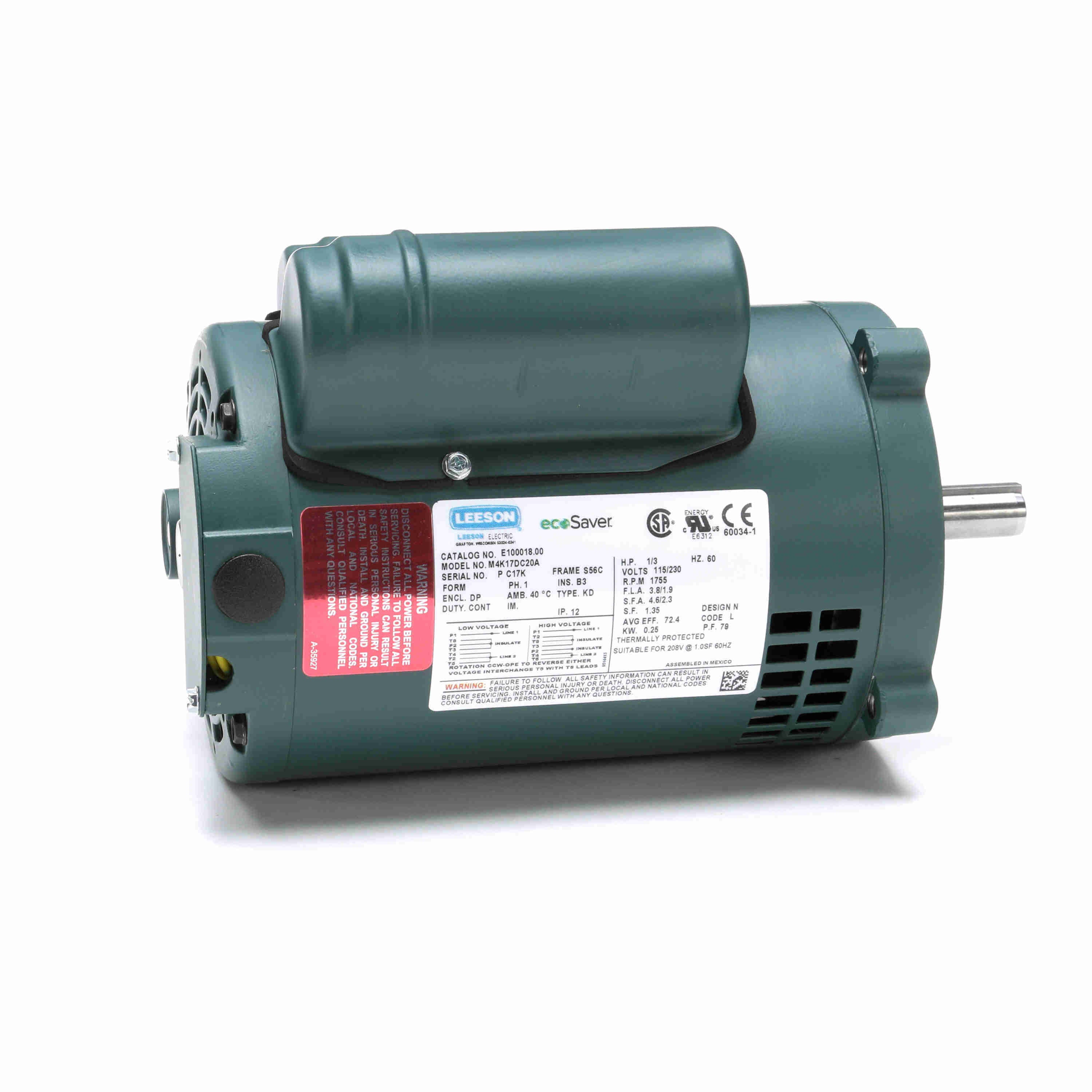E100018.00 Leeson 1/3HP General Purpose ecoSaver Electric Motor, 1800RPM - 0