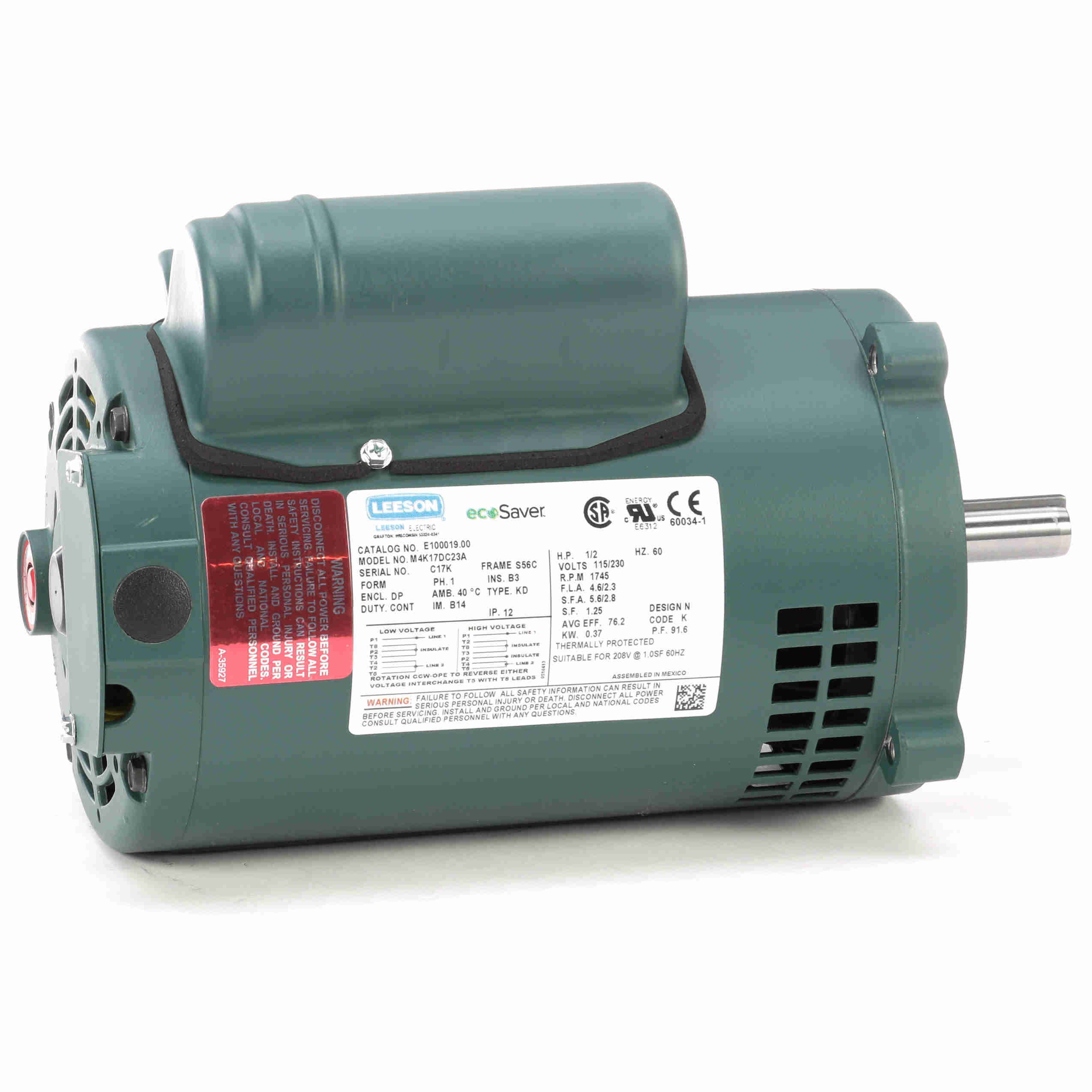 E100019.00 Leeson 1/2HP General Purpose ecoSaver Electric Motor, 1725RPM